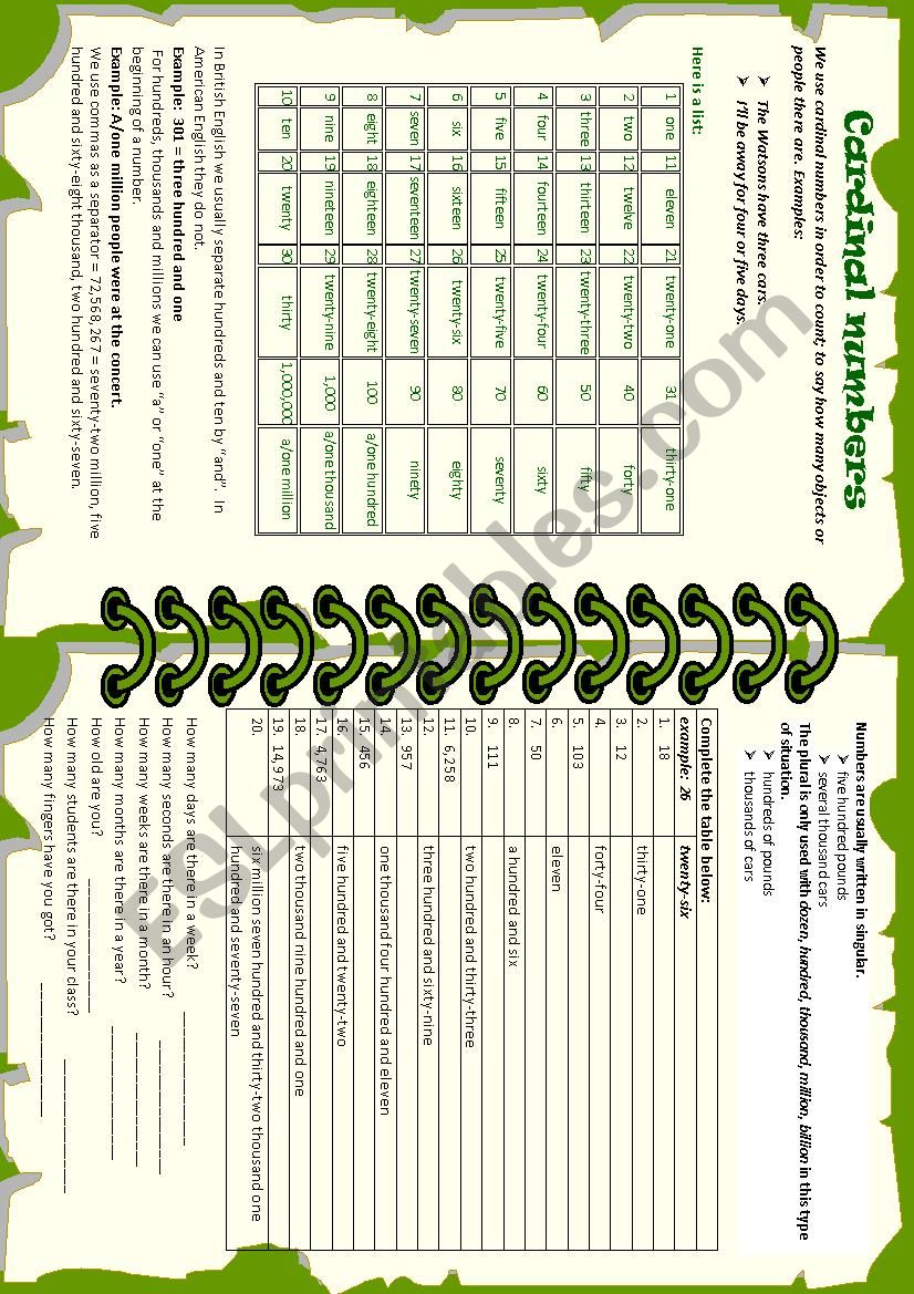 CARDINAL NUMBERS worksheet