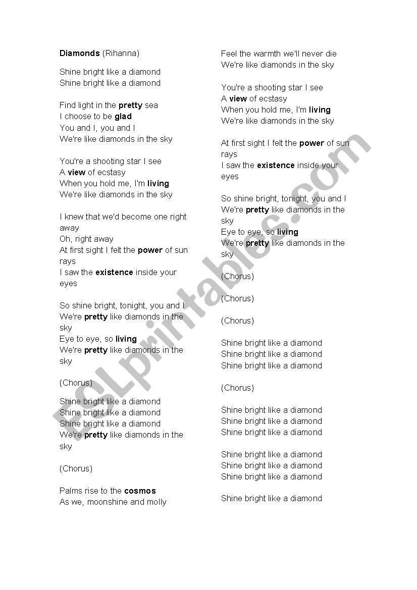 Diamonds by Rihanna (Song) worksheet