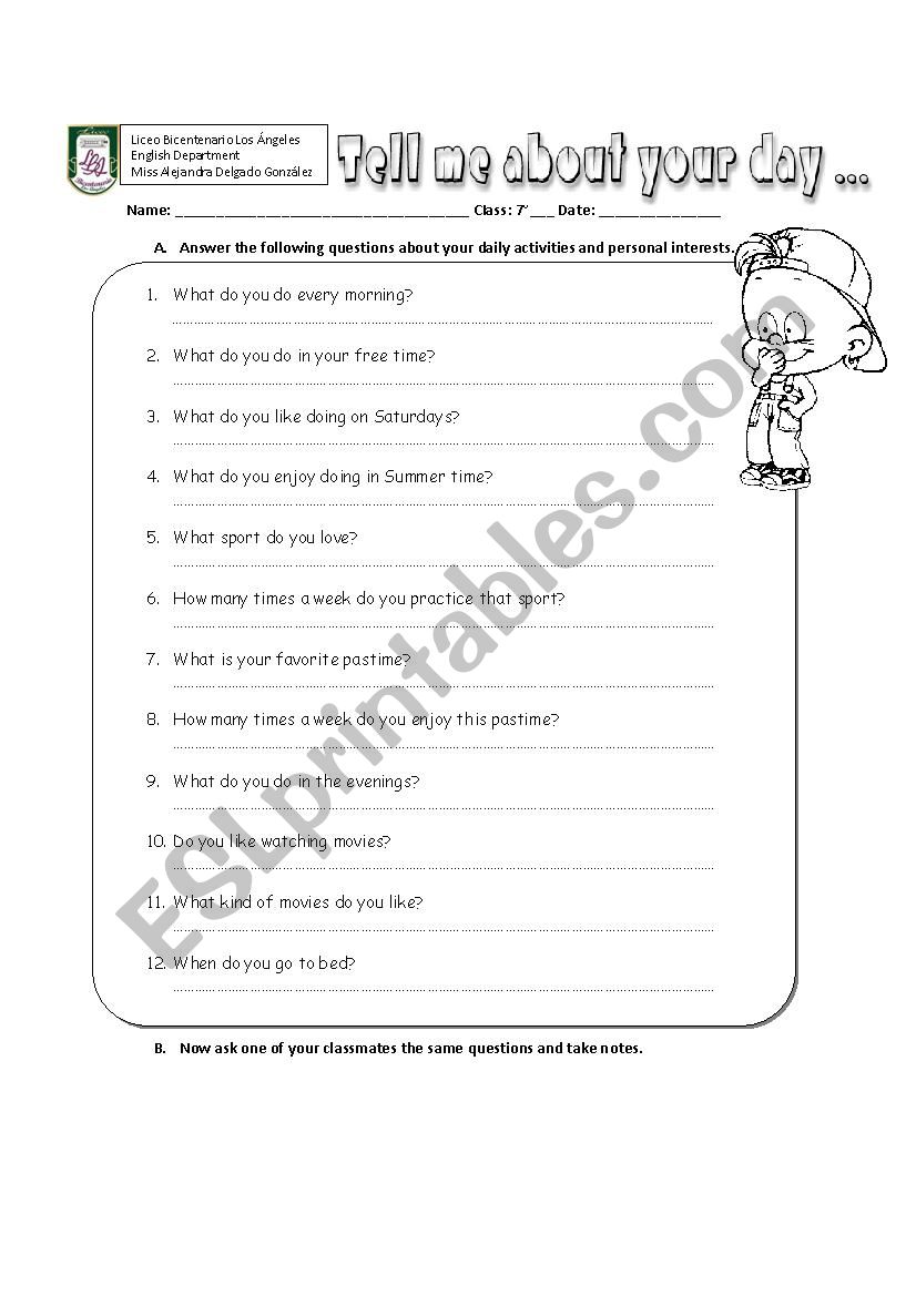 Tell me about your day worksheet