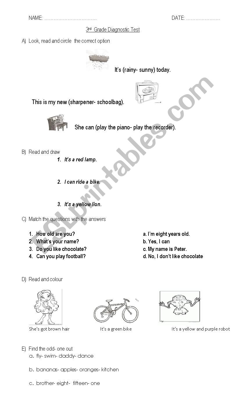 Diagnostic test for 3rd grade worksheet