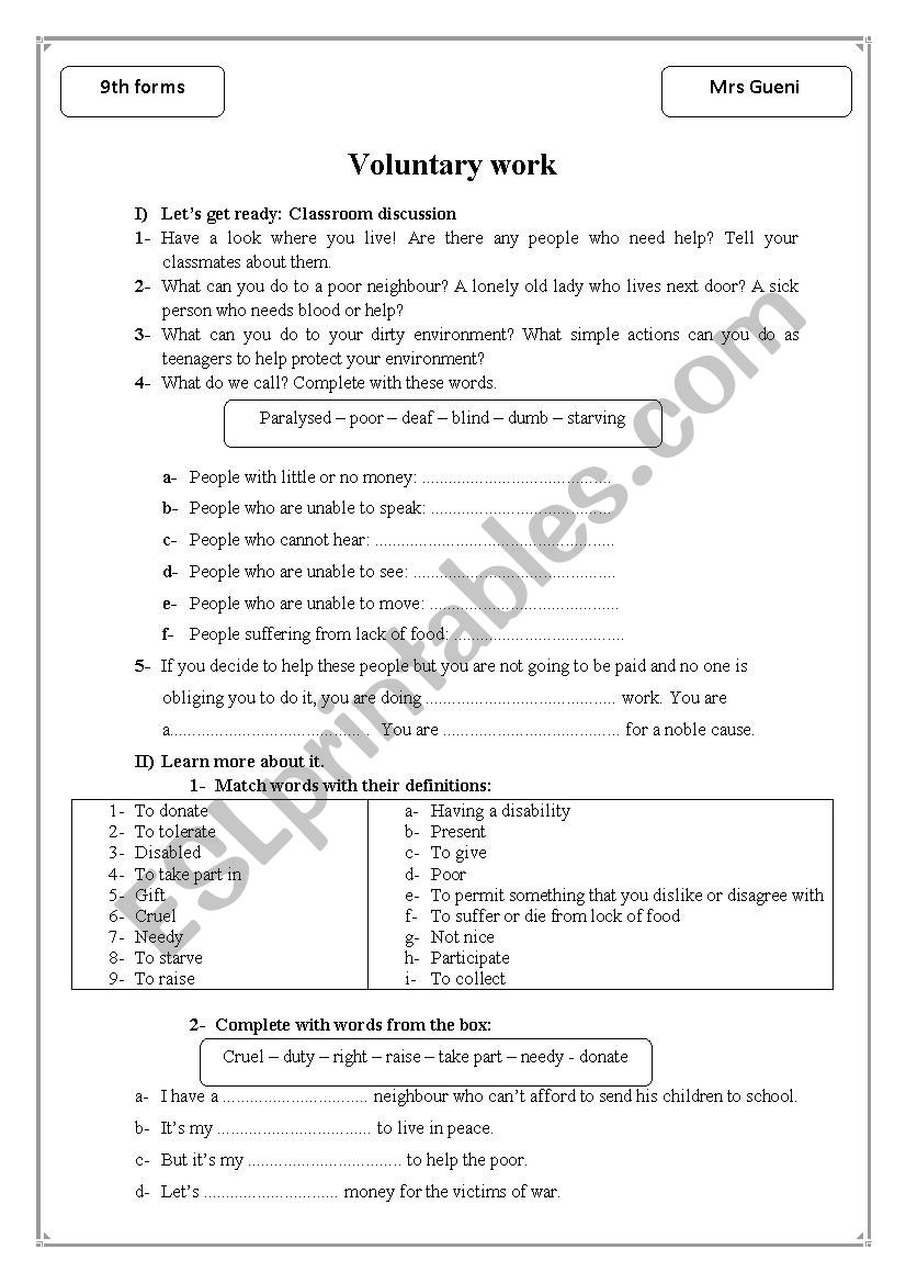 Voluntary work worksheet