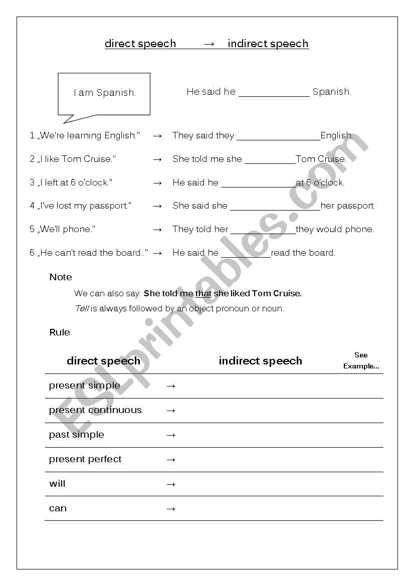 direct - indirect speech worksheet