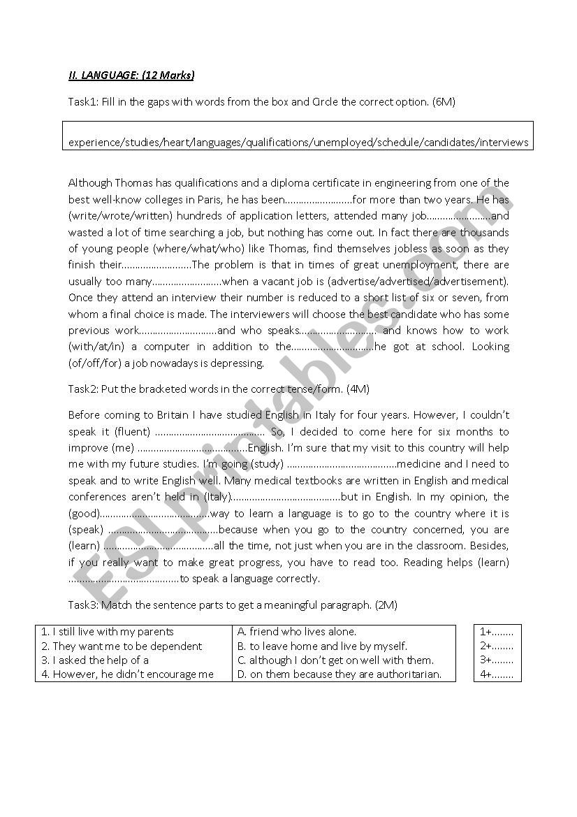 mid-term test n°3 first year worksheet