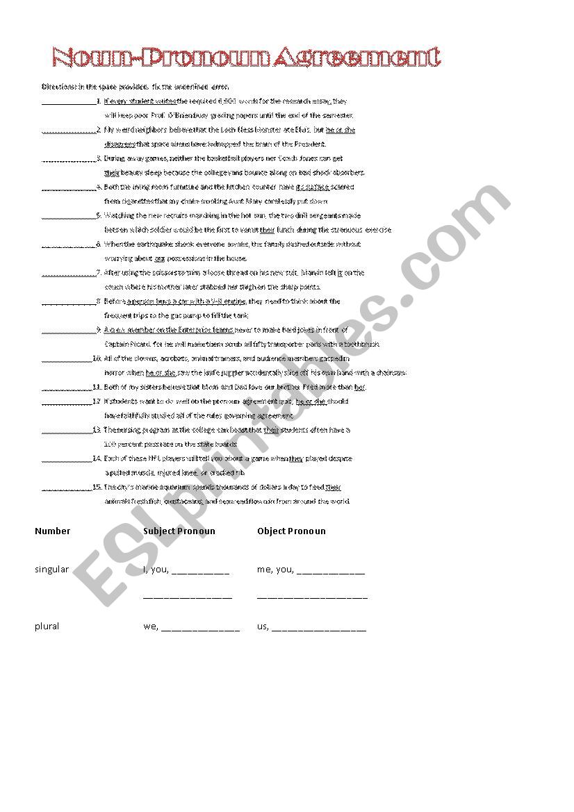 Noun And Pronoun Agreement ESL Worksheet By Alina Morales