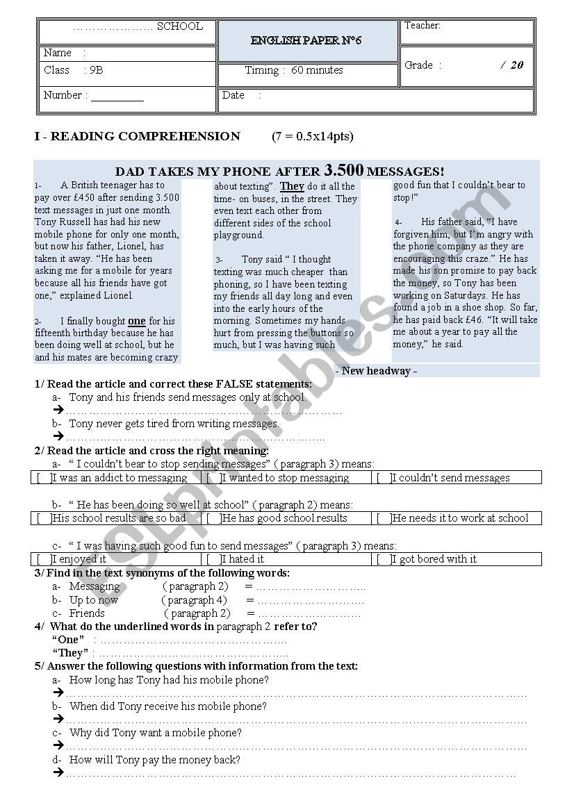 end of term test 3 9th form  worksheet