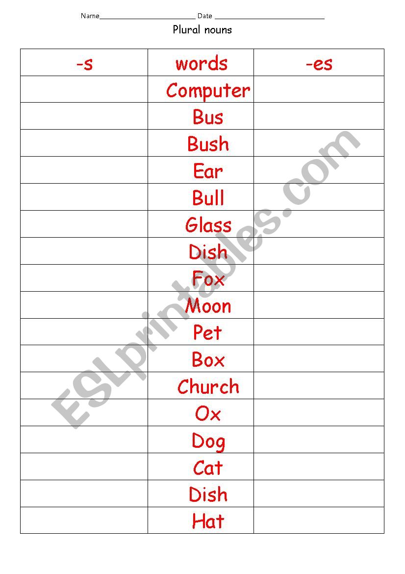 Plurals (-s or -es) worksheet