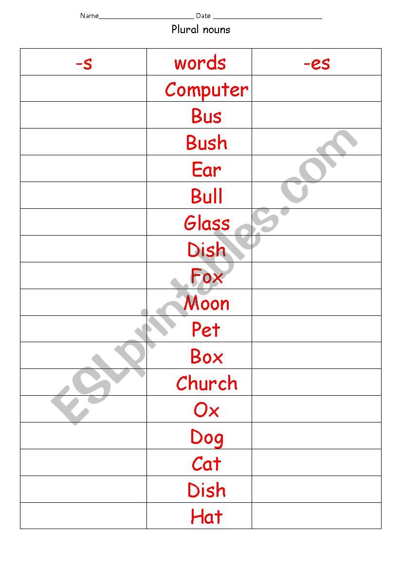 Plurals (-s or -es) worksheet