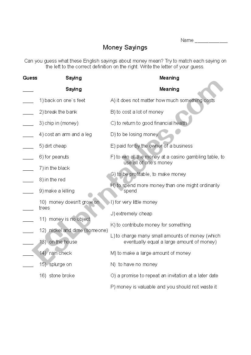 English Sayings about Money worksheet