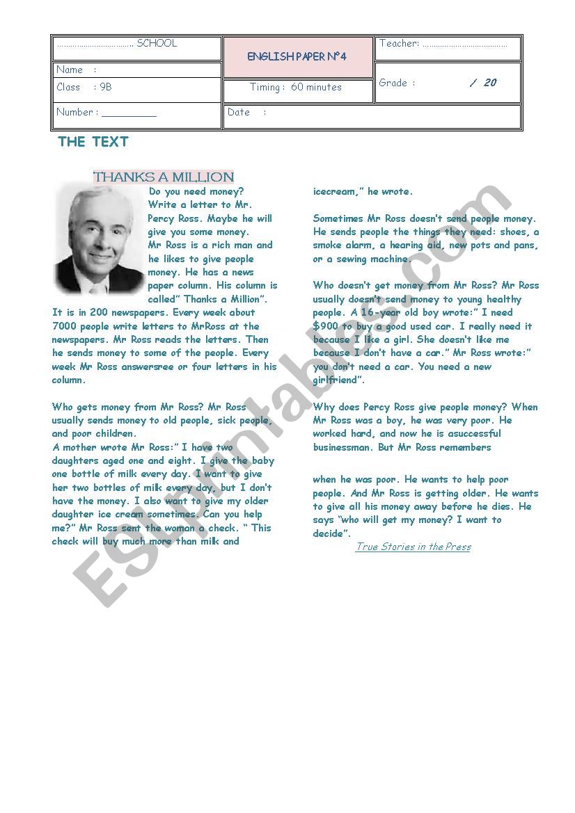 end of term test 3 9th  worksheet