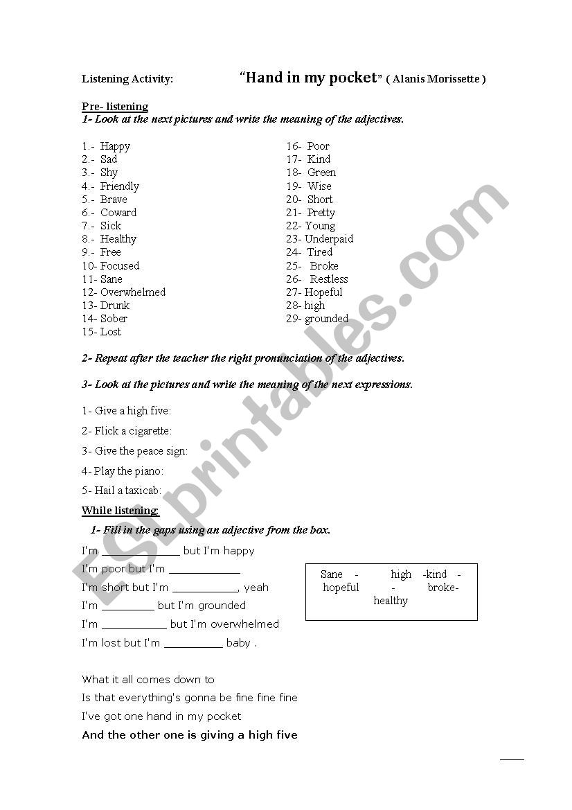 Hand in my pocket worksheet