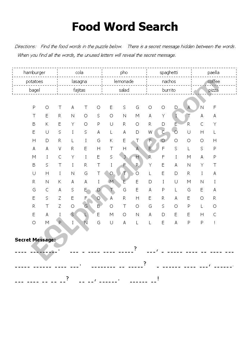 food word search worksheet