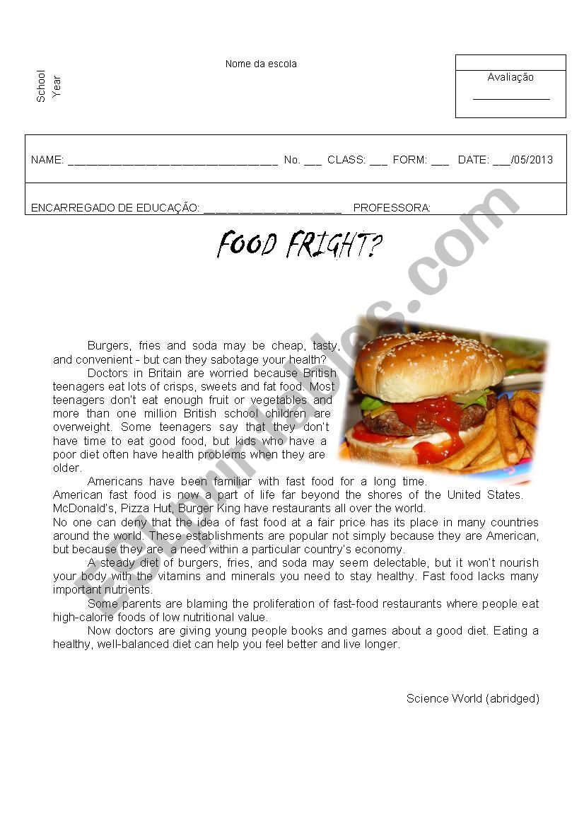 Test Food worksheet