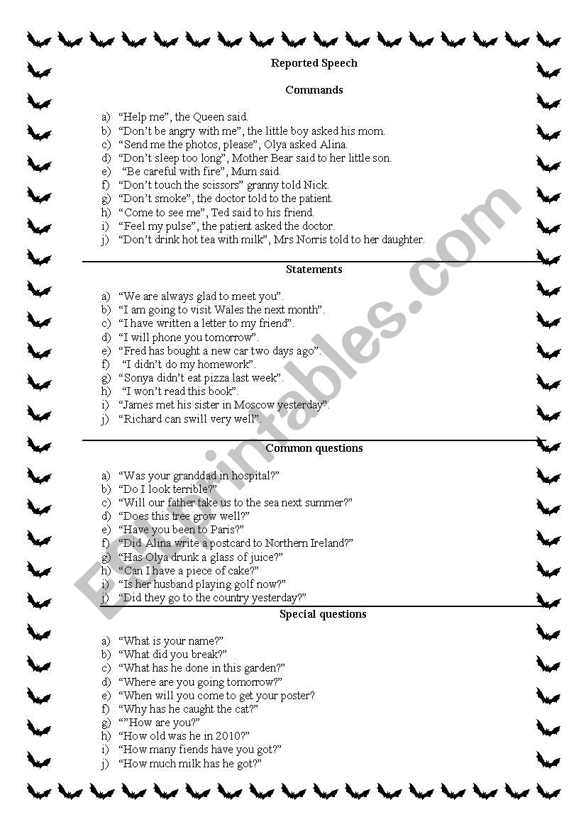 Reported Speech worksheet