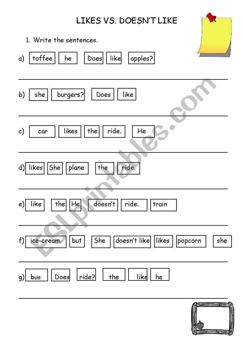 LIKES vs. DOESNT LIKE worksheet