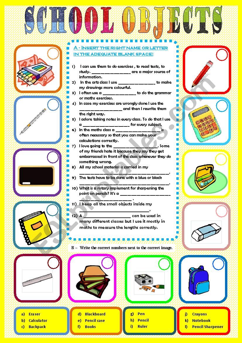 School objects - vocabulary worksheet