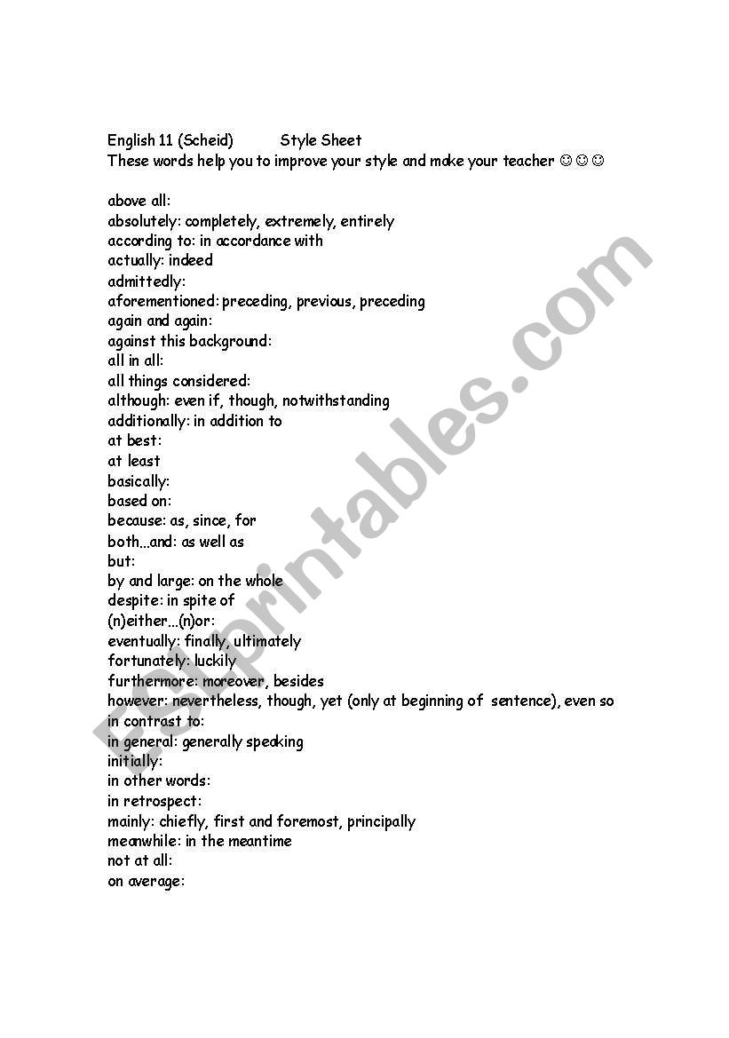 Style Vocab list worksheet