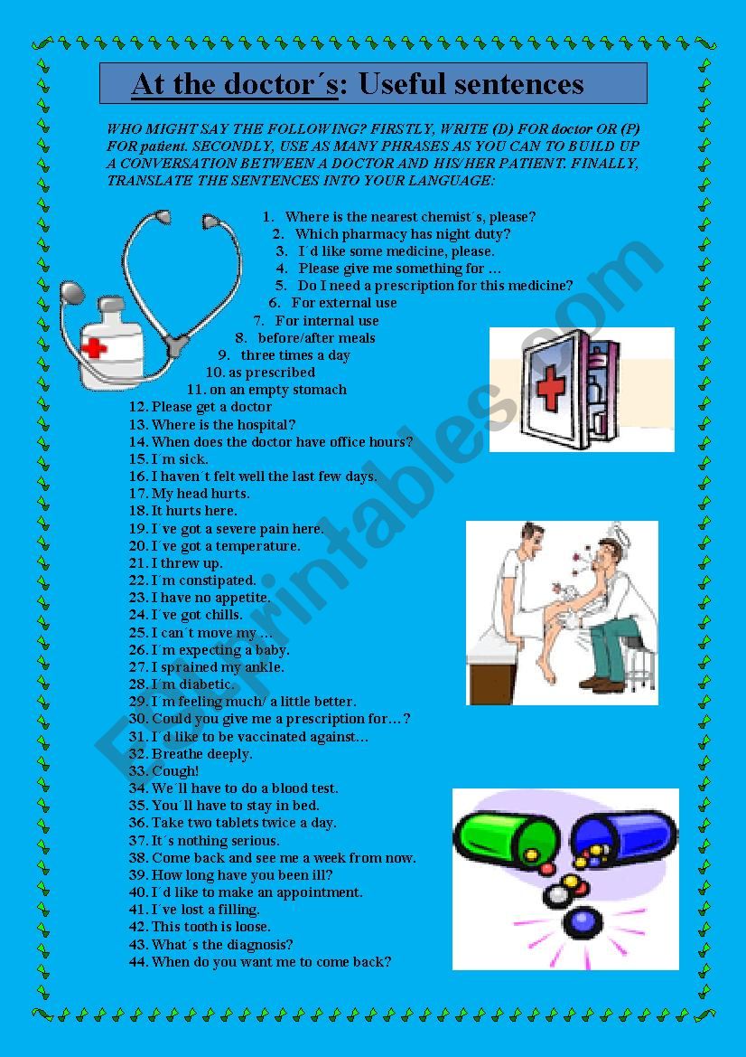 AT THE DOCTOR´S USEFUL SENTENCES ESL worksheet by inglesito