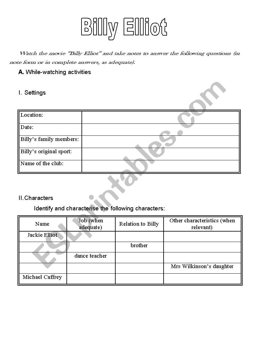 Billy Elliot worksheet