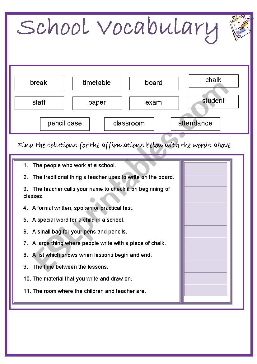 School vocabulary for 7th grade