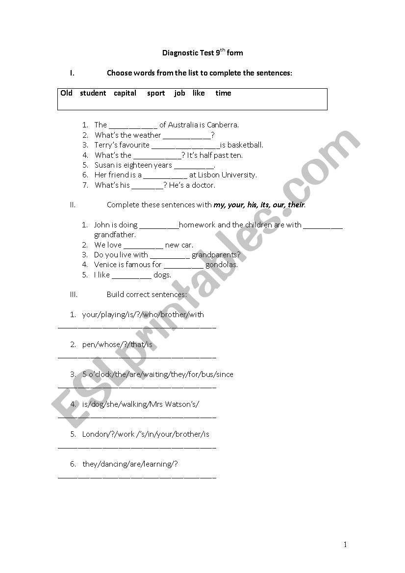 Diagnostic Test for 9th or 10th grades