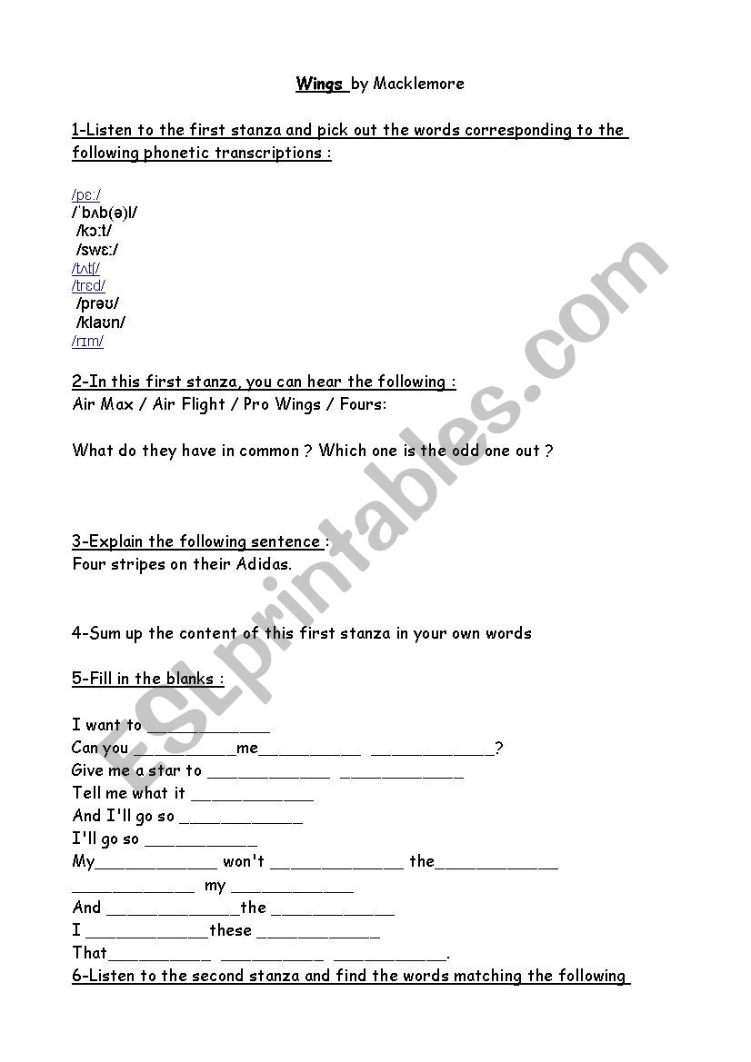 Wings by Macklemore worksheet