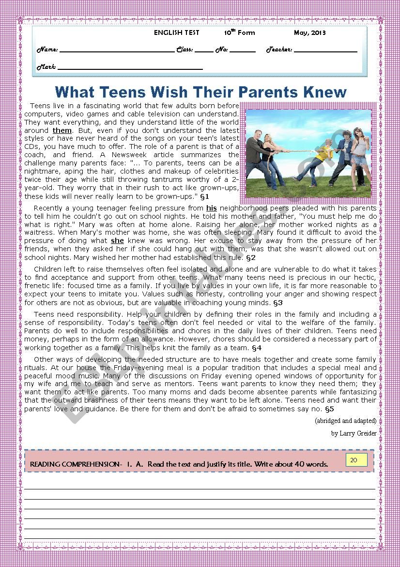 TEST- WHAT TEENS WISH THEIR PARENTS KNEW!