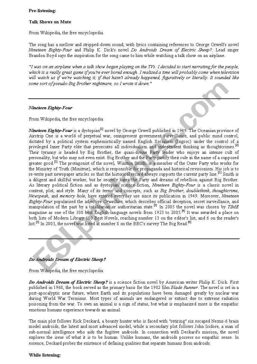 Talk shows on mute (Incubus) worksheet