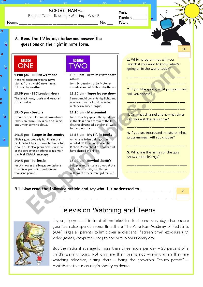 Television watching and teens - Reading/Writing test