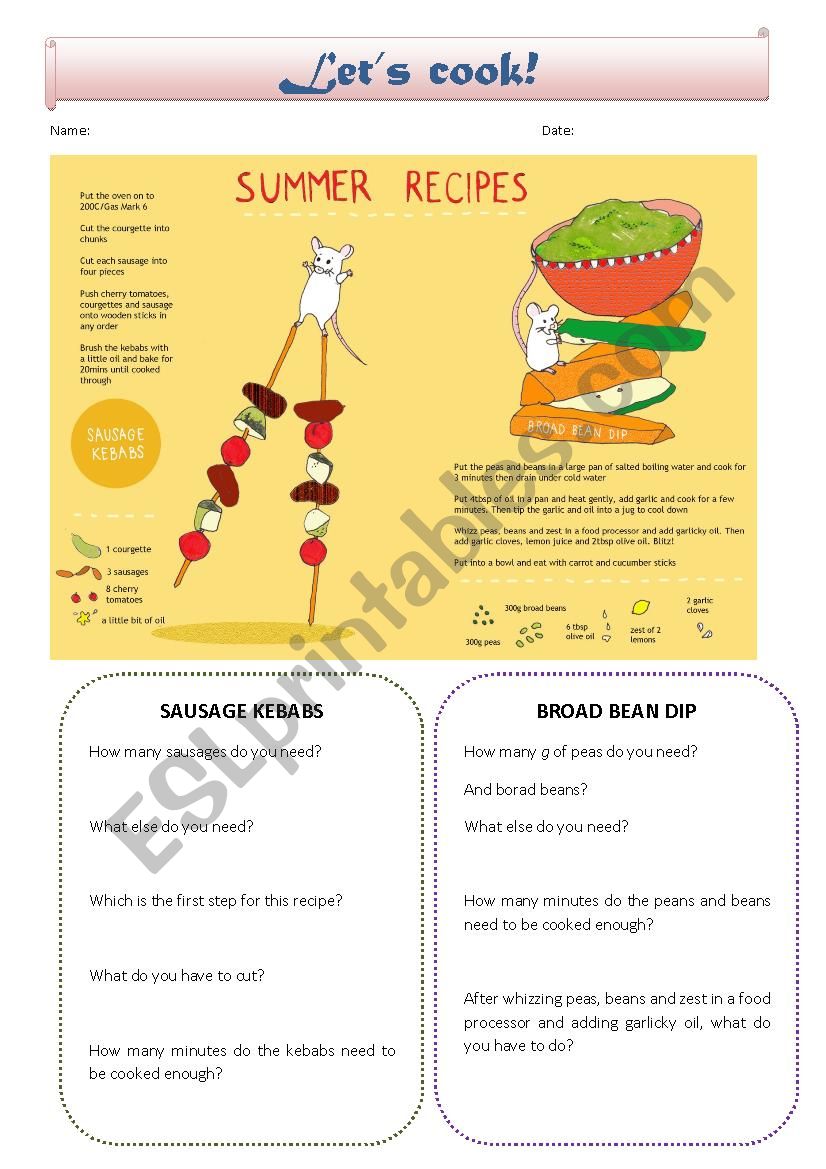 reading comprehension worksheets about cooking
