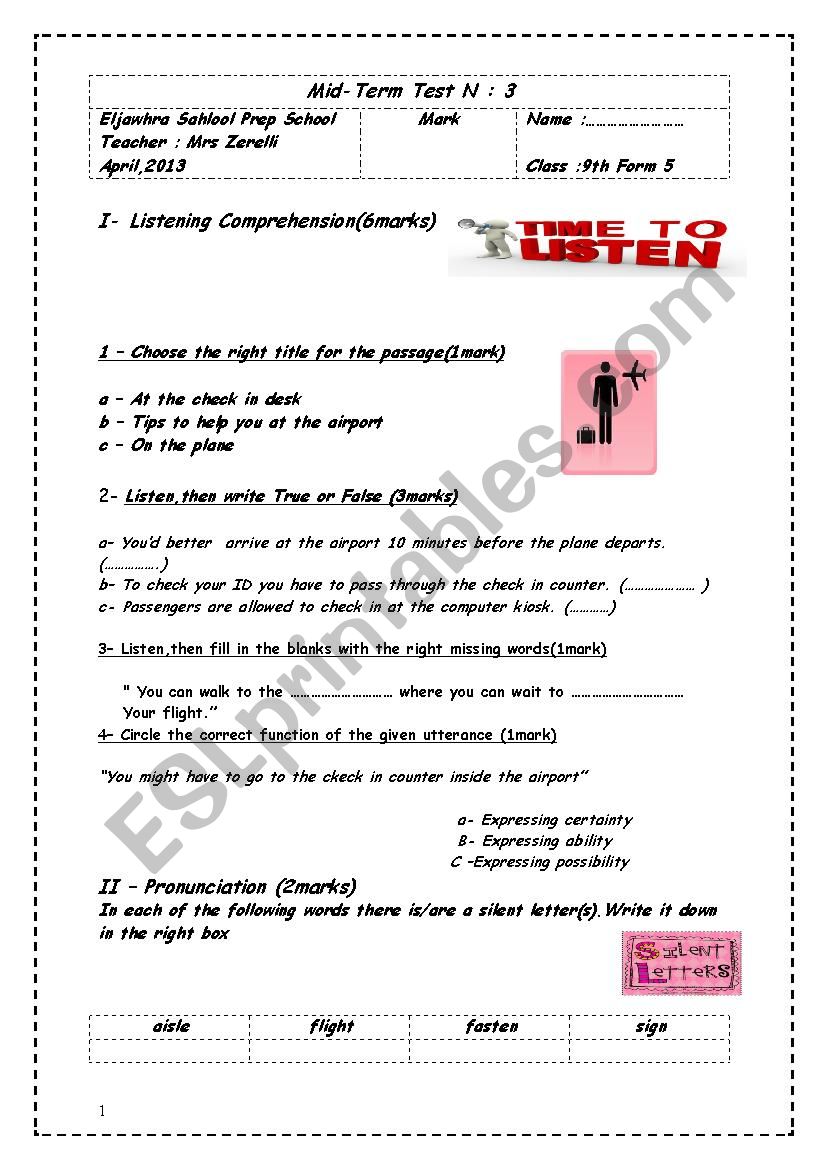 mid-term test N: 3(9th forms) worksheet