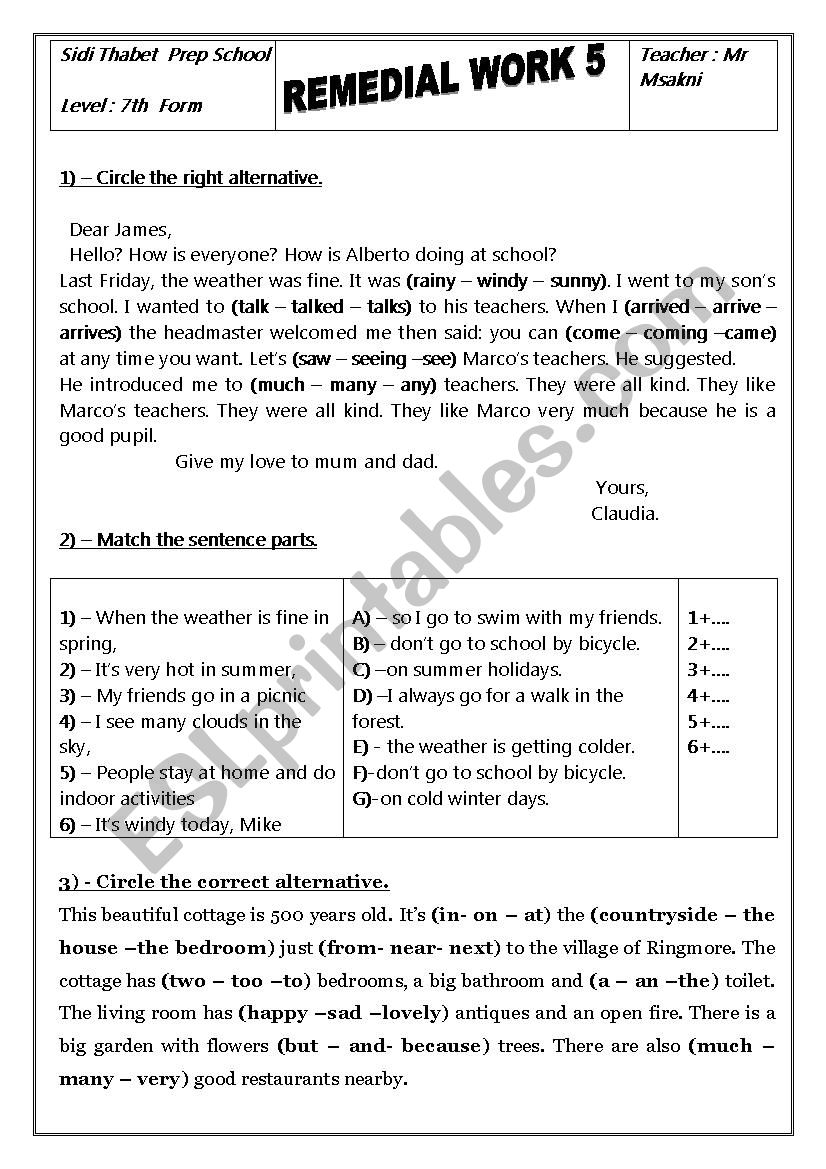 remedial work 7th form worksheet