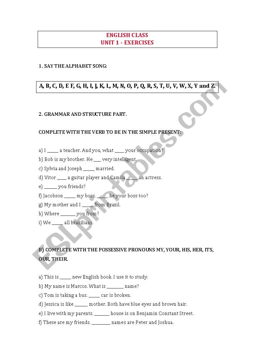 English Class Basic Exercises worksheet