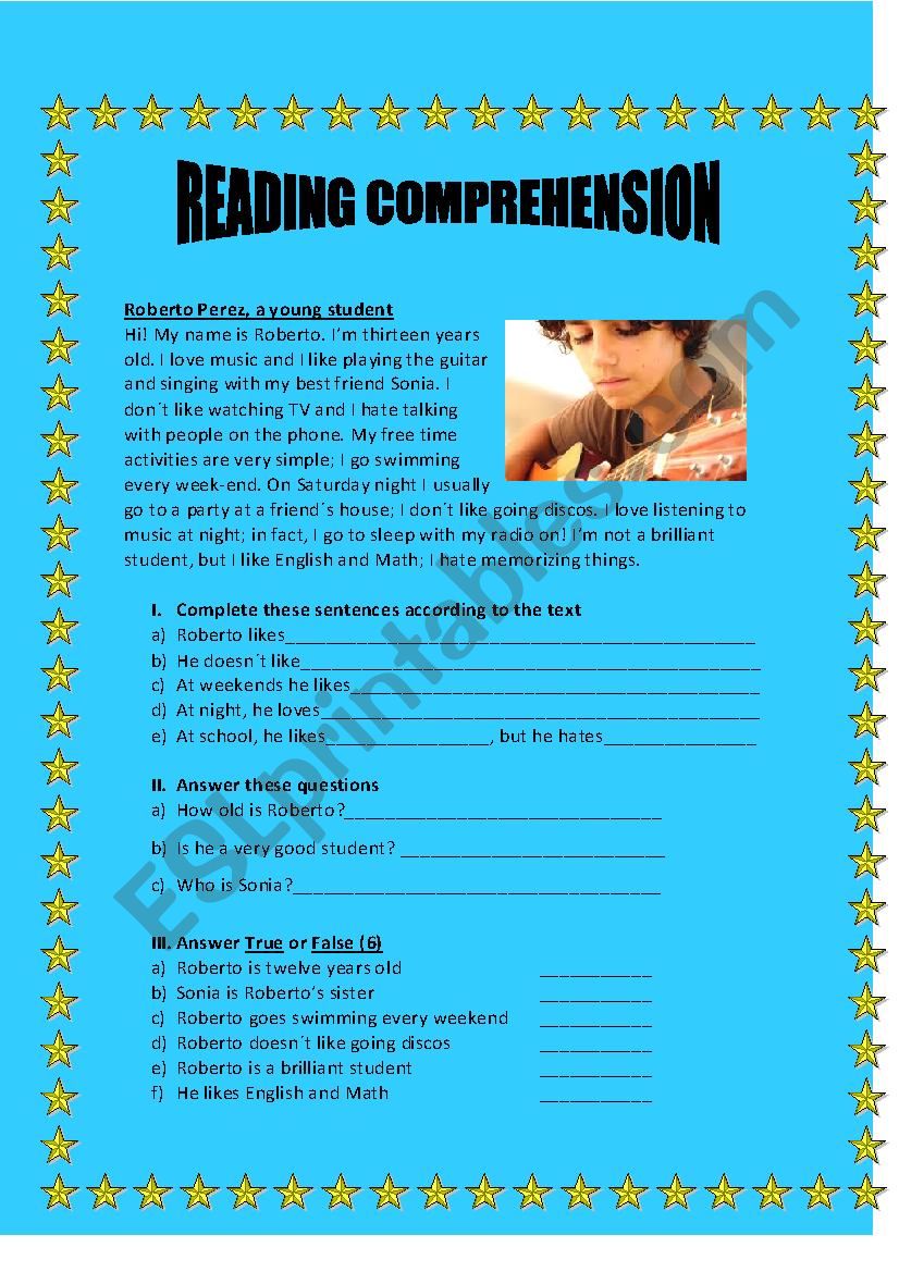 Reading comprehension likes worksheet