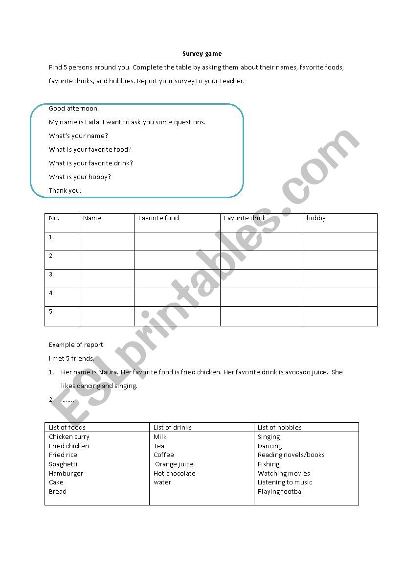 Survey game worksheet