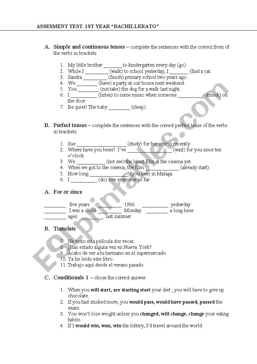 Assessment test 1st year Baccalaurate