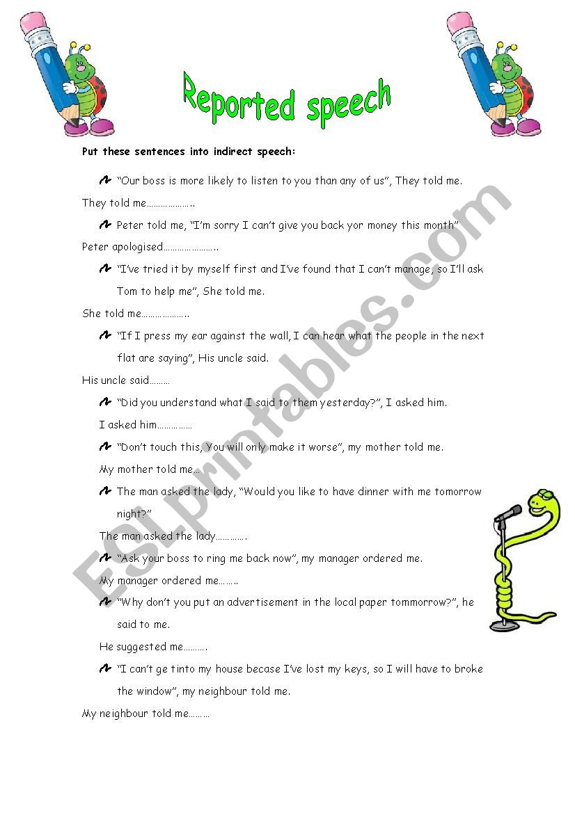 Reported speech sentences (statements, questions and orders)