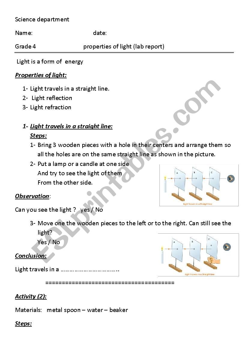 properties of light  worksheet