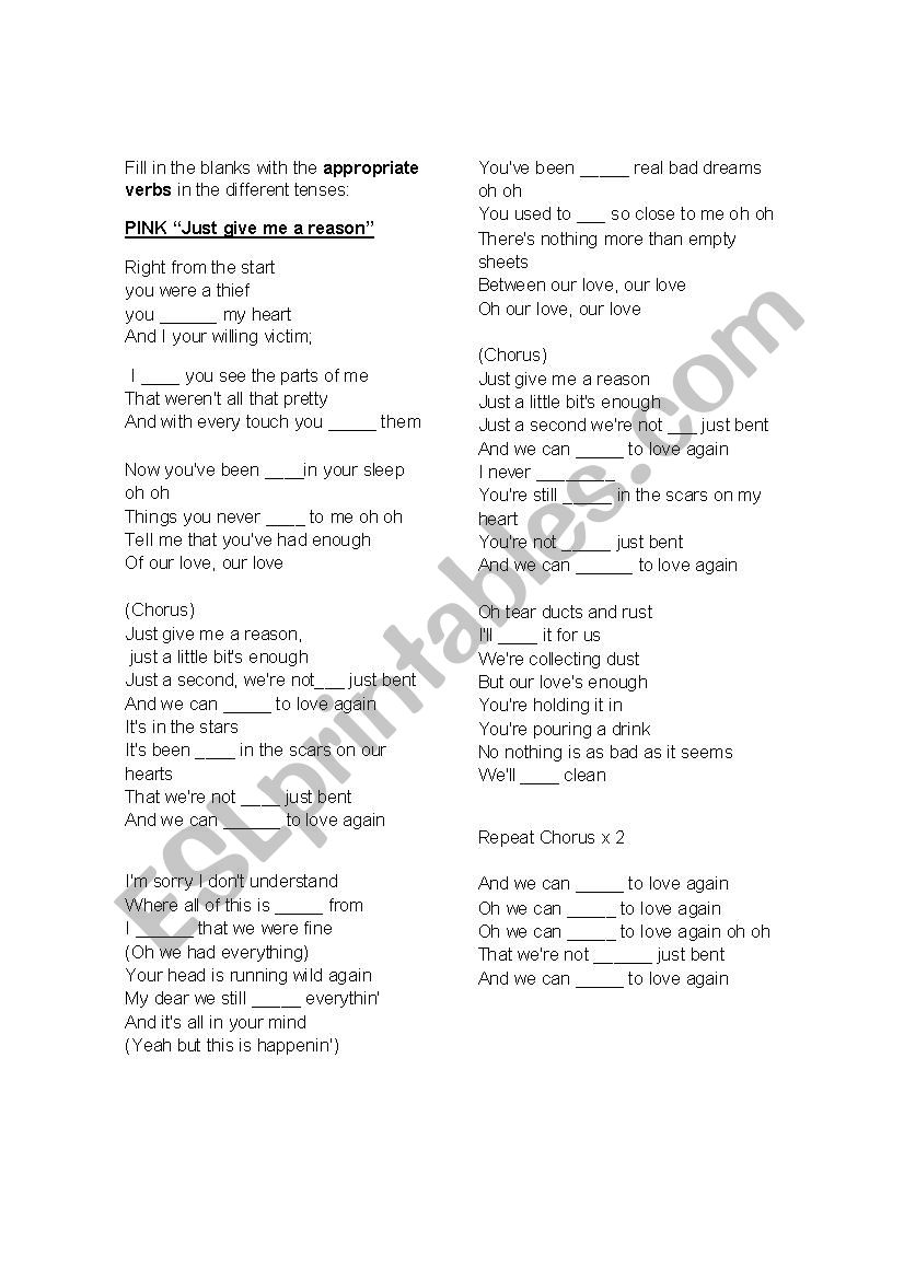 Just give me a reason by Pink worksheet