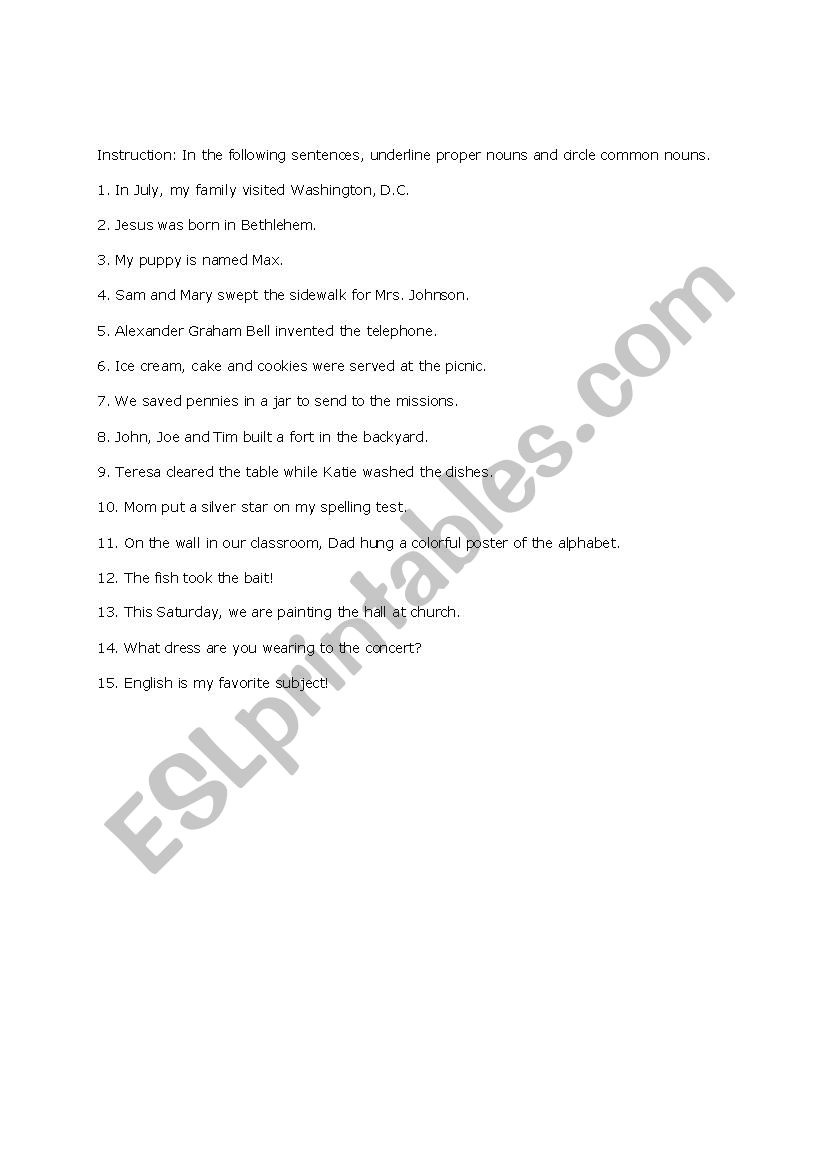 Common and Proper Noun Quiz worksheet