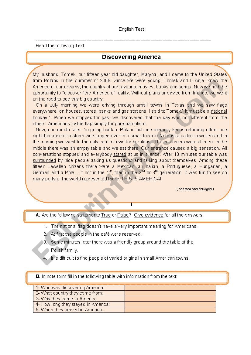 An adventure in America worksheet