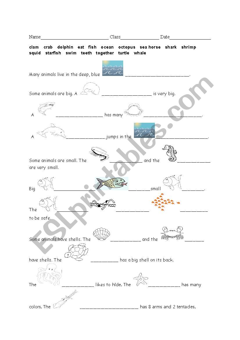 Sea creature fill in the text worksheet
