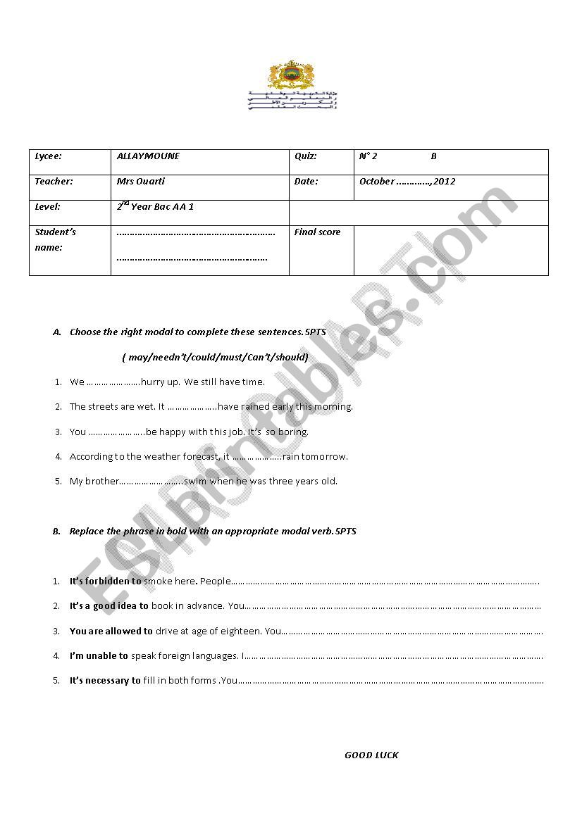 QUIZ FOR 2ND YEAR BAC MOROCCO worksheet