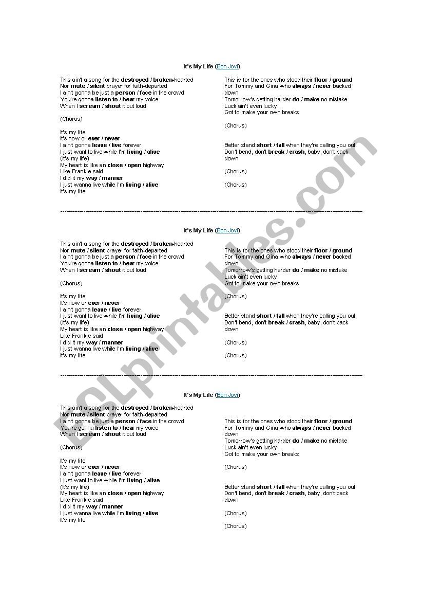 Its my life by Bon Jovi worksheet