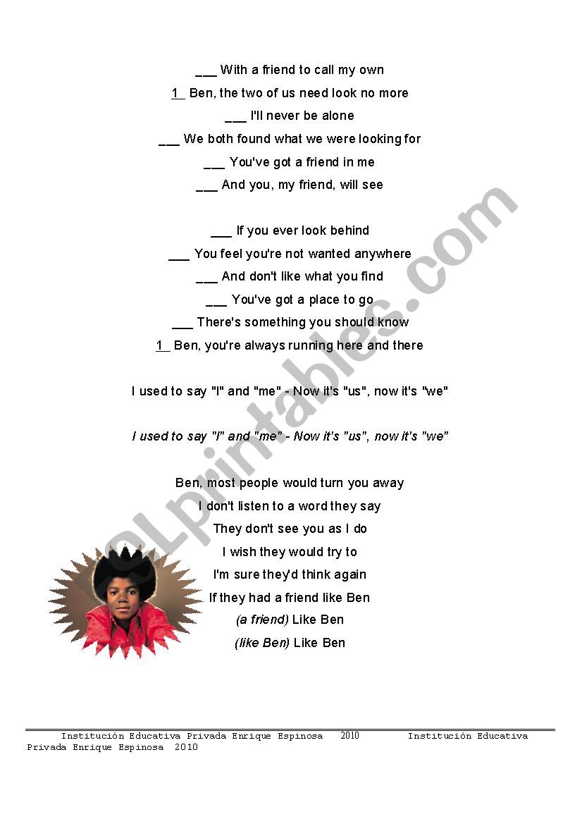 Lyrics . Listening worksheet