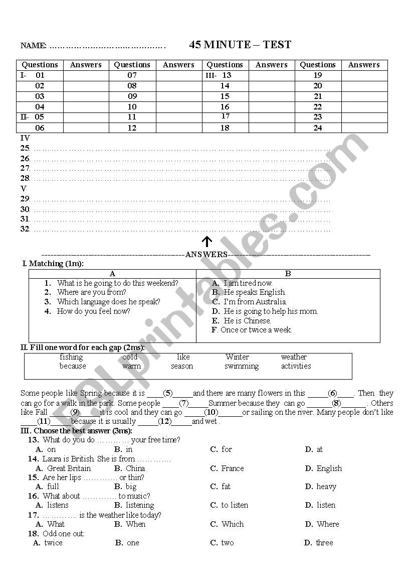 45 MINUTE TEST worksheet