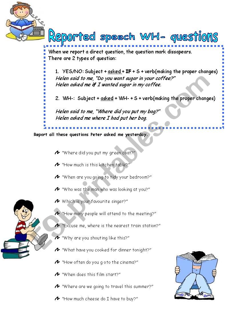 reported speech question worksheet