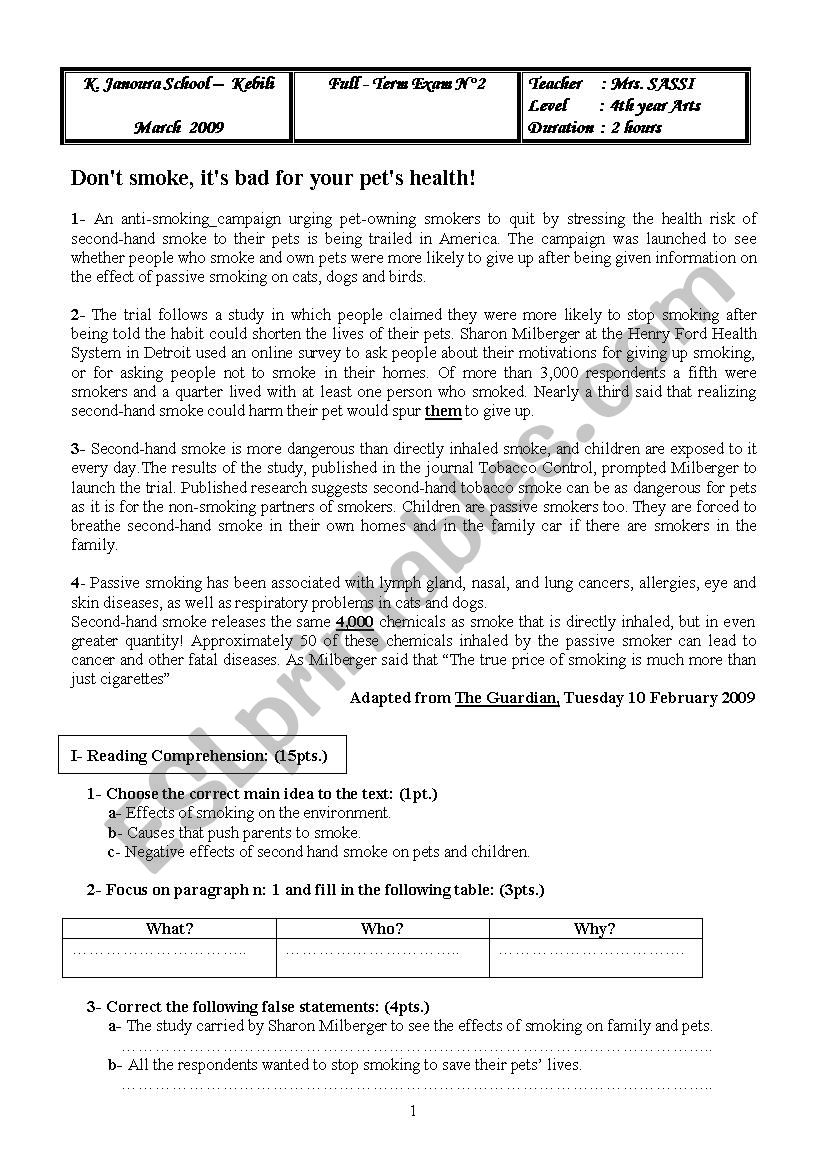 Test 4th form Arts worksheet