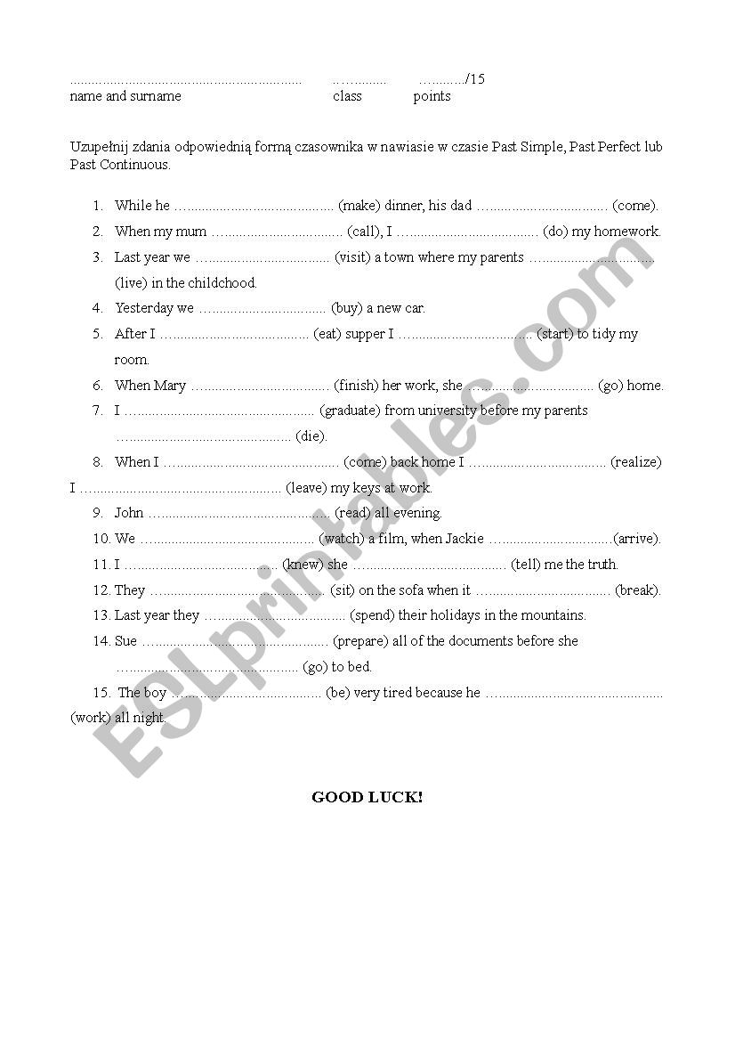 short test on Past Tenses worksheet