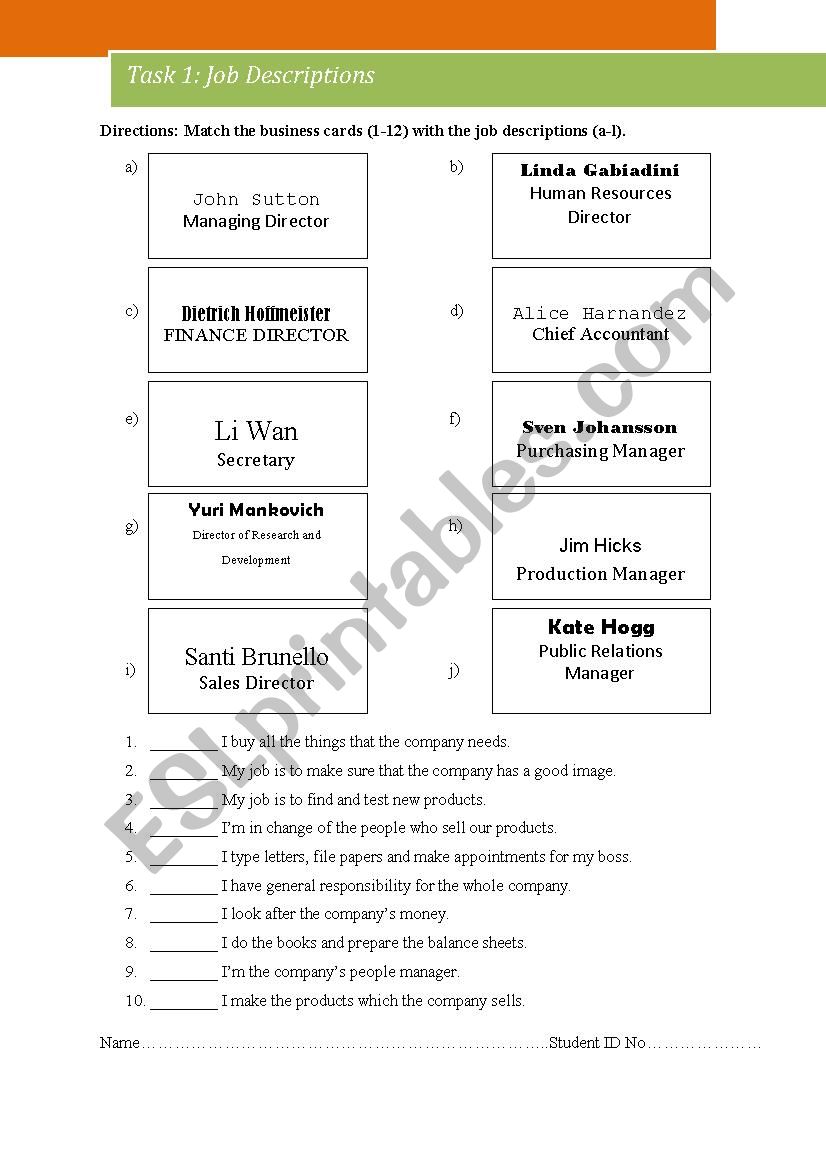 Job Description worksheet