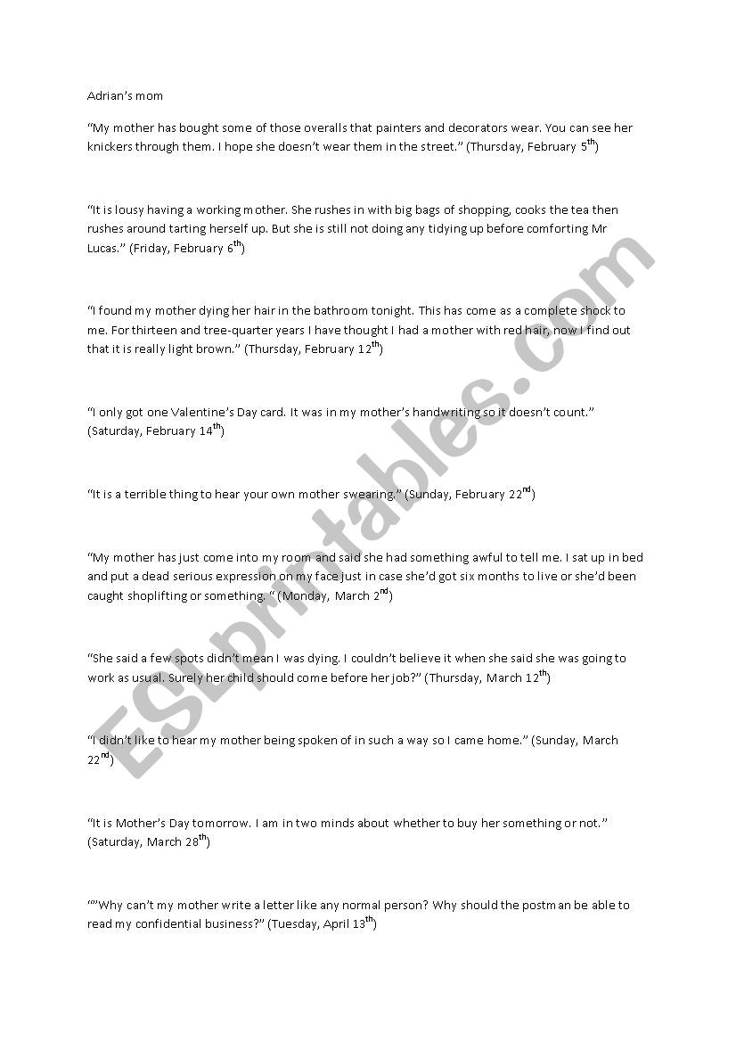 Quotations - Adrian Mole  worksheet